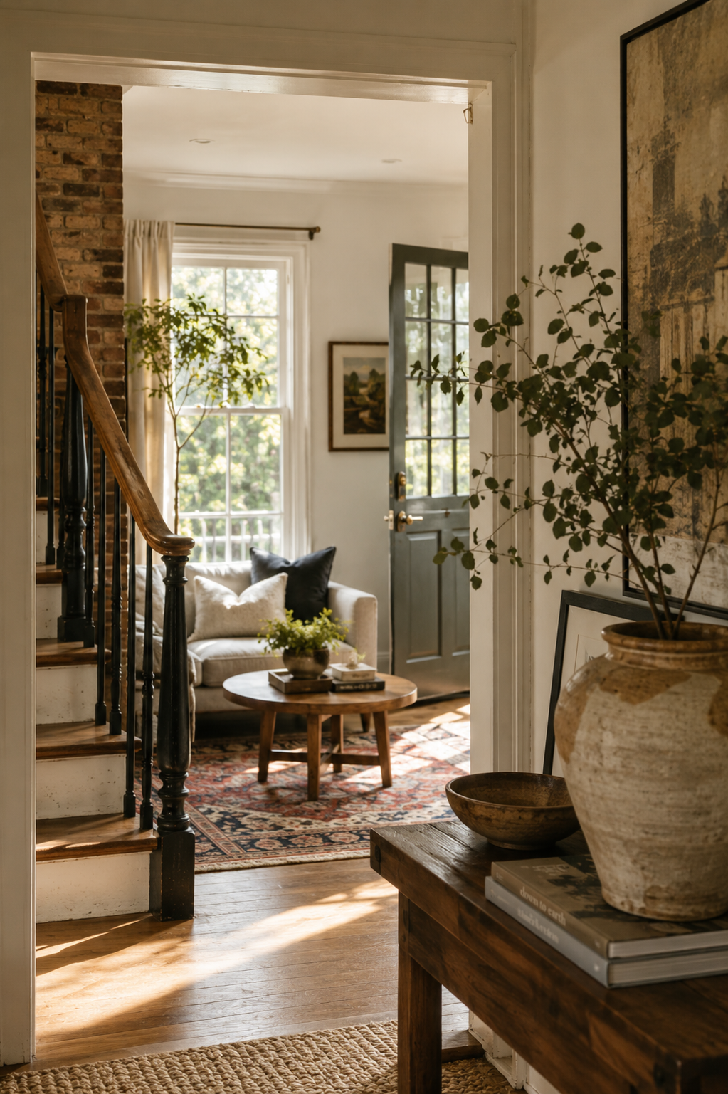 A cozy living room with large windows letting in natural light, a small beige sofa with pillows, a round wooden coffee table with books and a plant, an area rug, a staircase with wooden steps and black railing, a framed painting on the wall, and a front door with glass panes, decorated with potted plants and framed artwork.