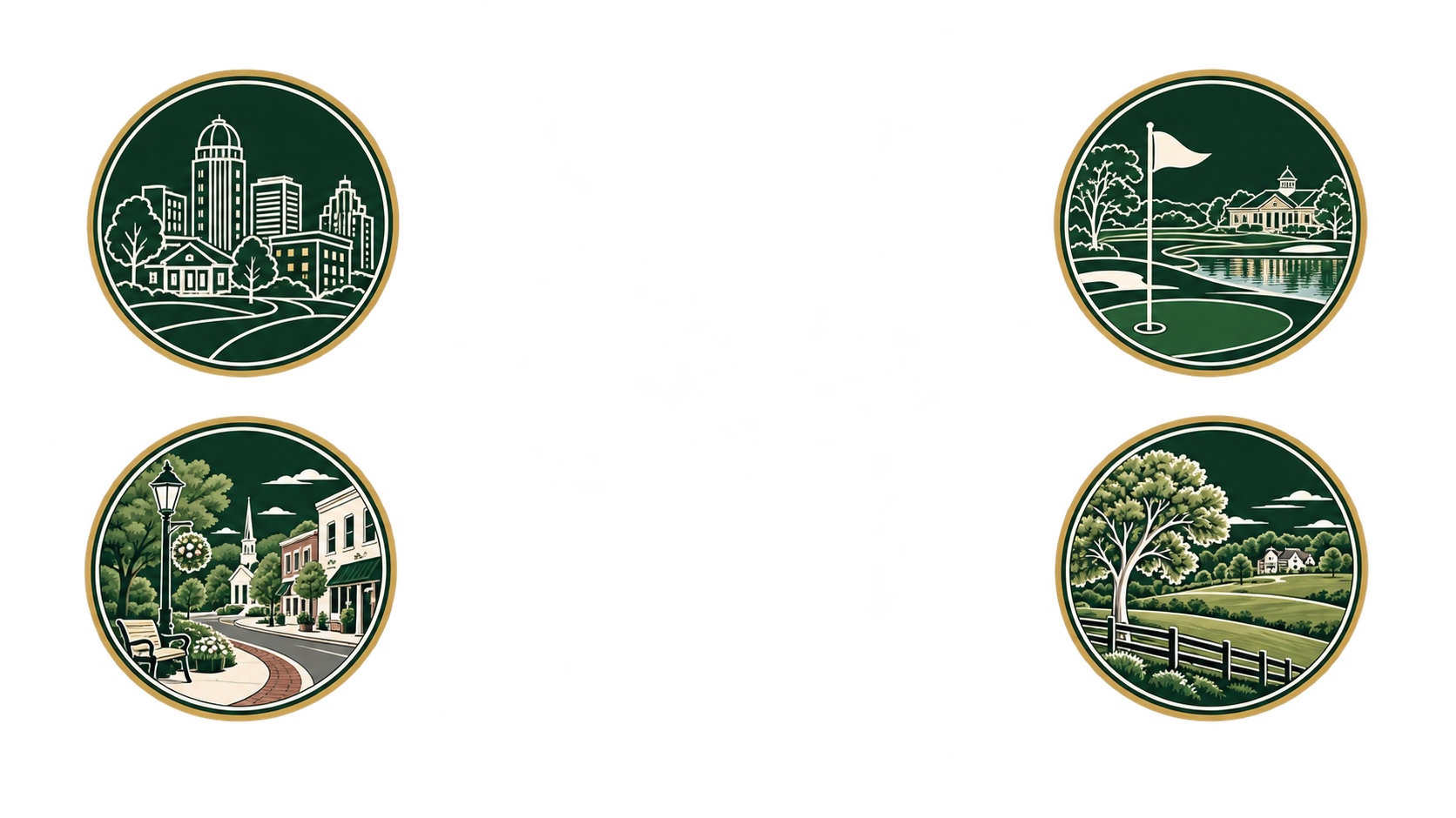 Four circular logos depicting different outdoor scenes: a city skyline with buildings and trees, a golf course with a flag and water, a small town street with storefronts and a church, and a rural landscape with a tree, fence, and houses.