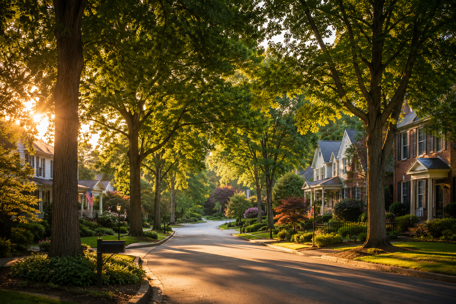 A peaceful suburban street lined with large leafy trees and well-maintained houses during sunset.