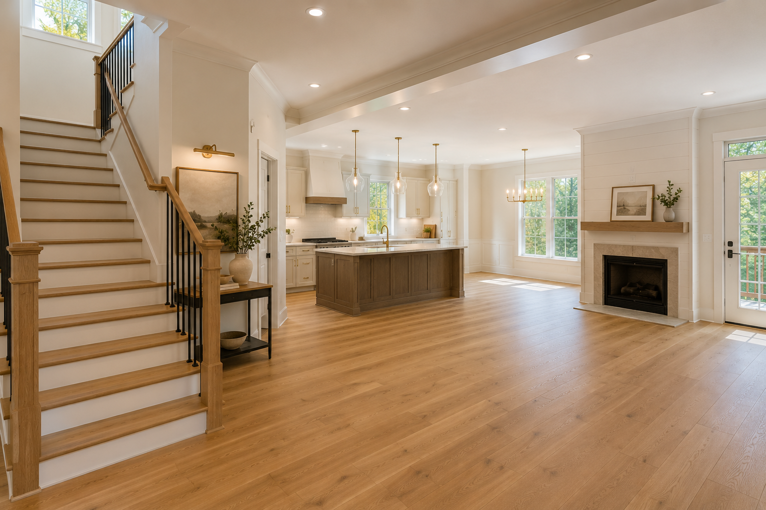Open-concept living area with hardwood floors, a staircase on the left, a modern kitchen with an island in the center, and a fireplace on the right. Large windows allow natural light into the space.