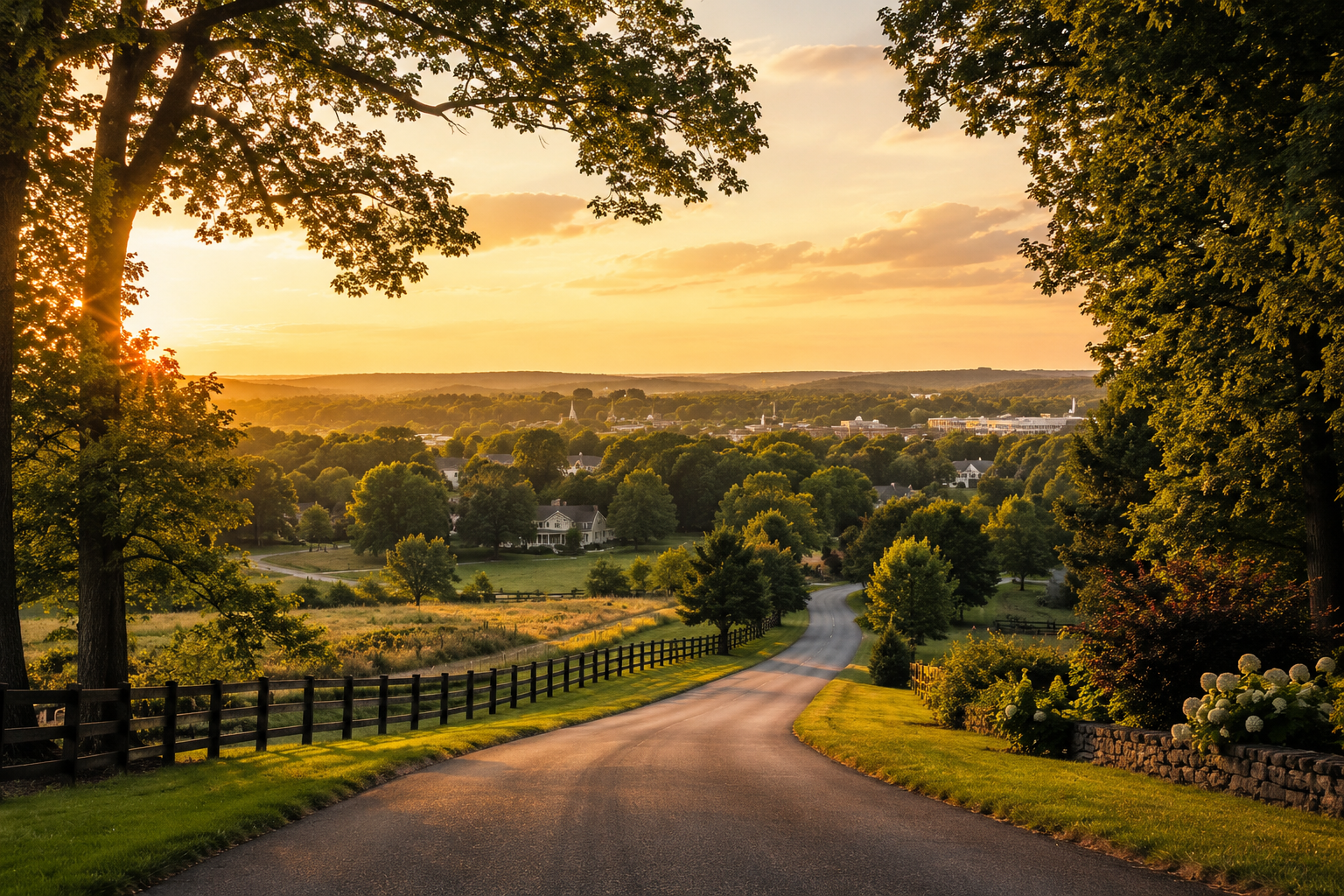 Serene country road during sunset with trees and houses in the distance.