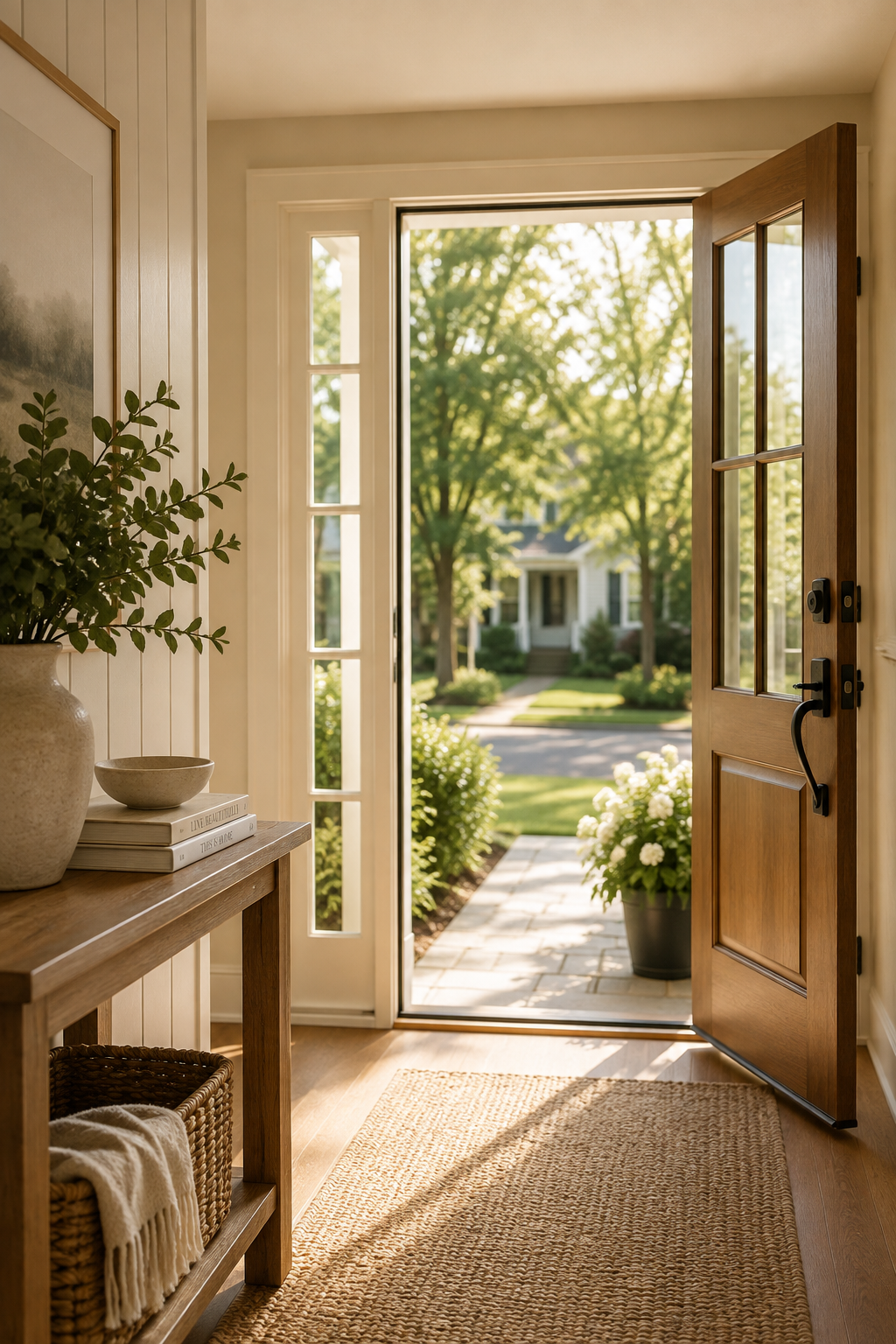 Open front door of a house leading to a sunny garden with trees and a white house in the background.