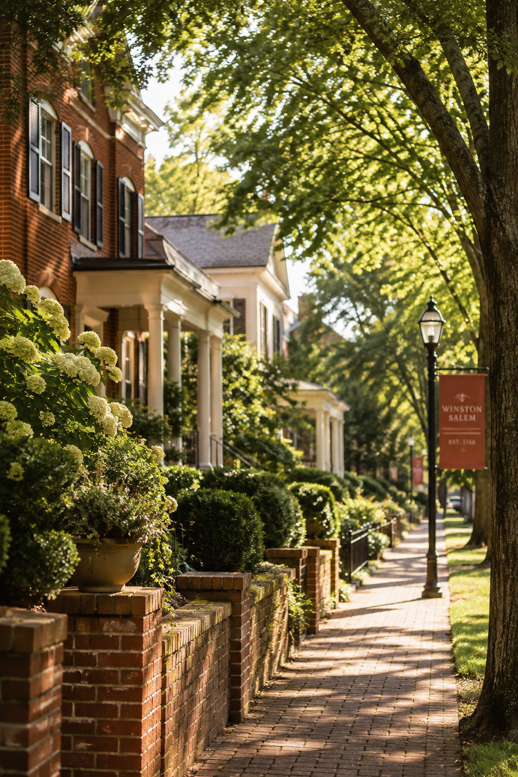 A brick sidewalk lined with red brick houses with white columns, green shrubbery, and flowering plants, shaded by large trees on a sunny day. A street lamp and a red banner reading "Winston Salem" are visible.