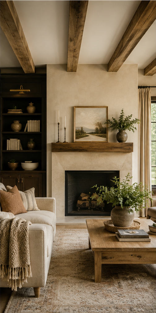 Living room with a beige sofa, throw blanket, and pillows, wooden ceiling beams, a fireplace with a wooden mantel, built-in dark bookshelf, and a wooden coffee table with a large potted plant, in front of a window with curtains.