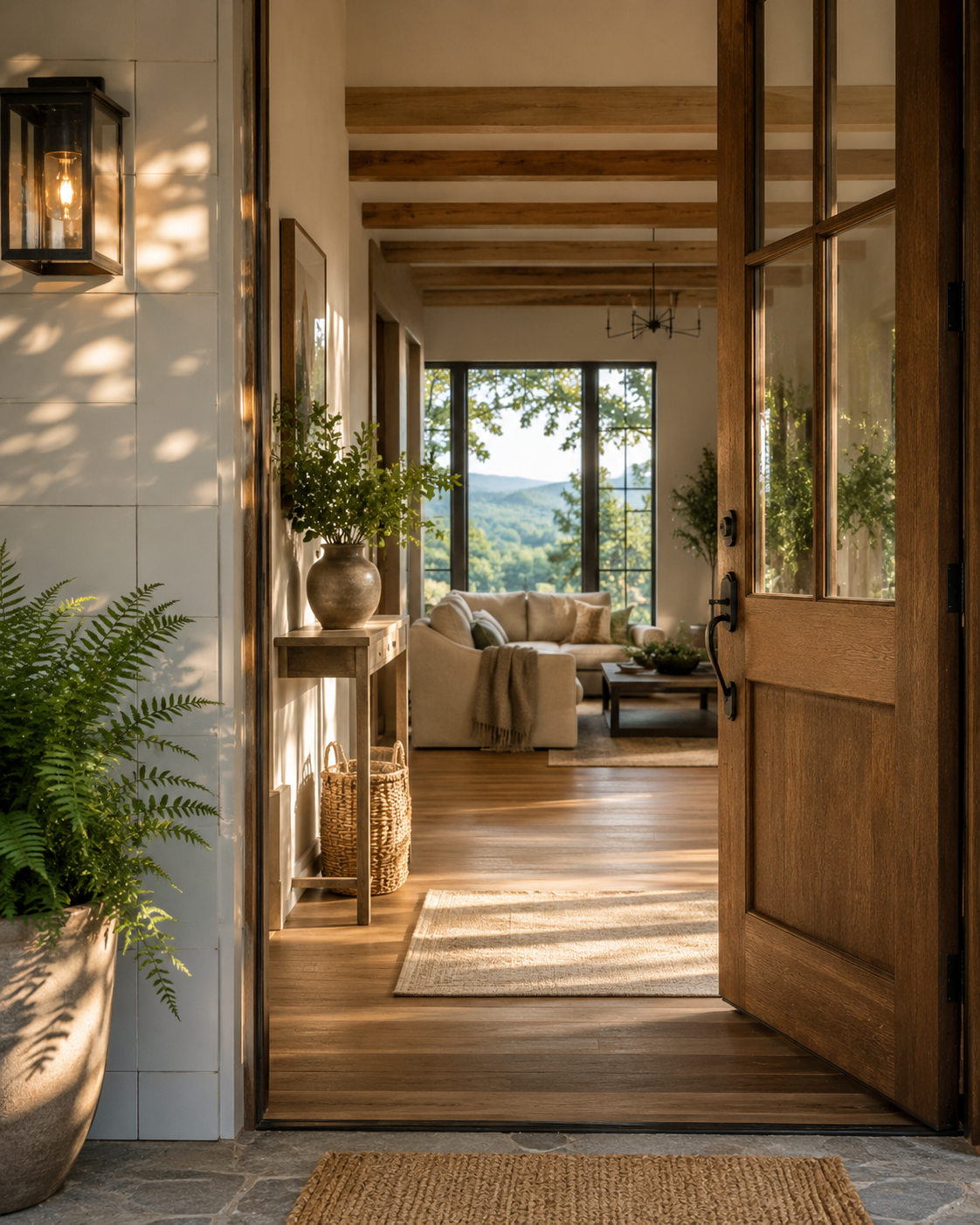 Open wooden door leading into a cozy living room with large windows, a beige sofa, a wooden coffee table, green plants, and a scenic view of trees and hills outside.