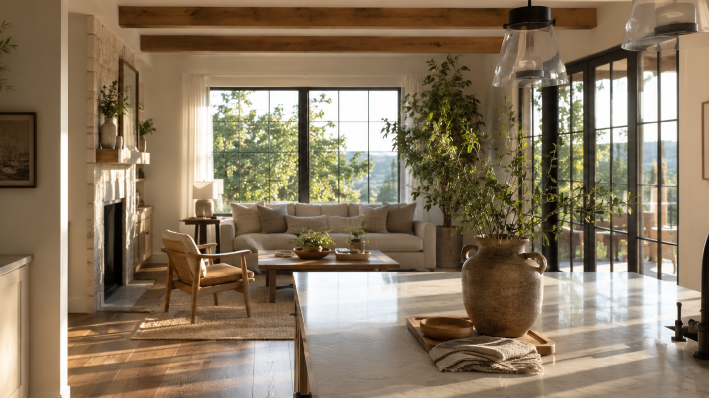 Bright living room with large windows overlooking a wooded landscape