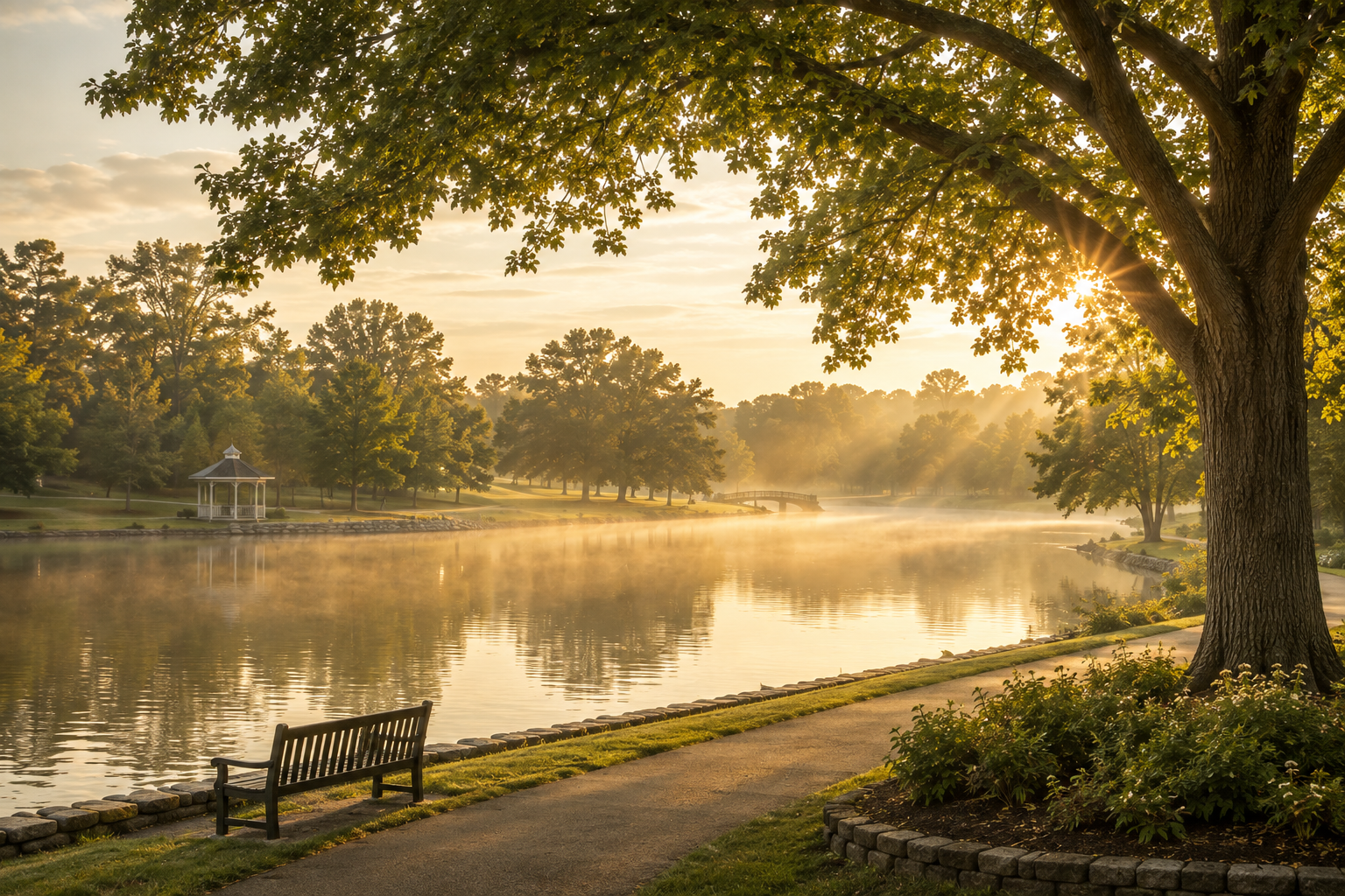 A serene park scene at sunrise with a lake, a bench, trees, and a gazebo, with mist over the water and golden sunlight filtering through the leaves.