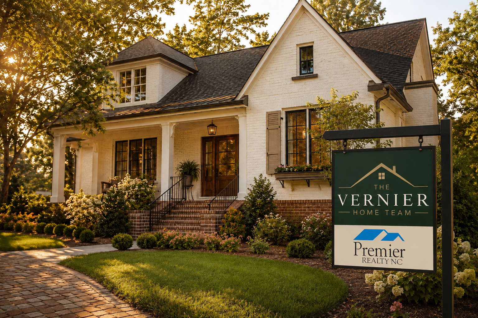 A large, elegant white brick house with a gabled roof, front porch, and landscaped garden, located on a sunny day with trees and greenery around. A sign in the front yard reads "The Vernier Home Team, Premier Realty NC."