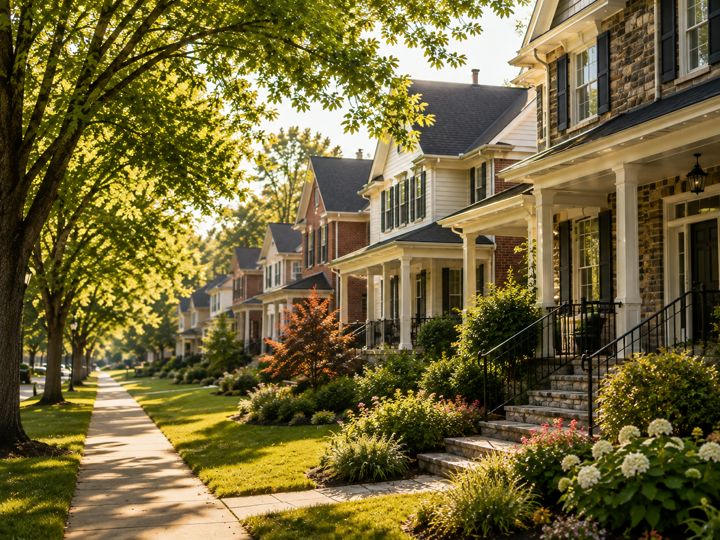 Line of suburban houses with front porches, steps, and gardens, with trees lining the sidewalk on a sunny day.