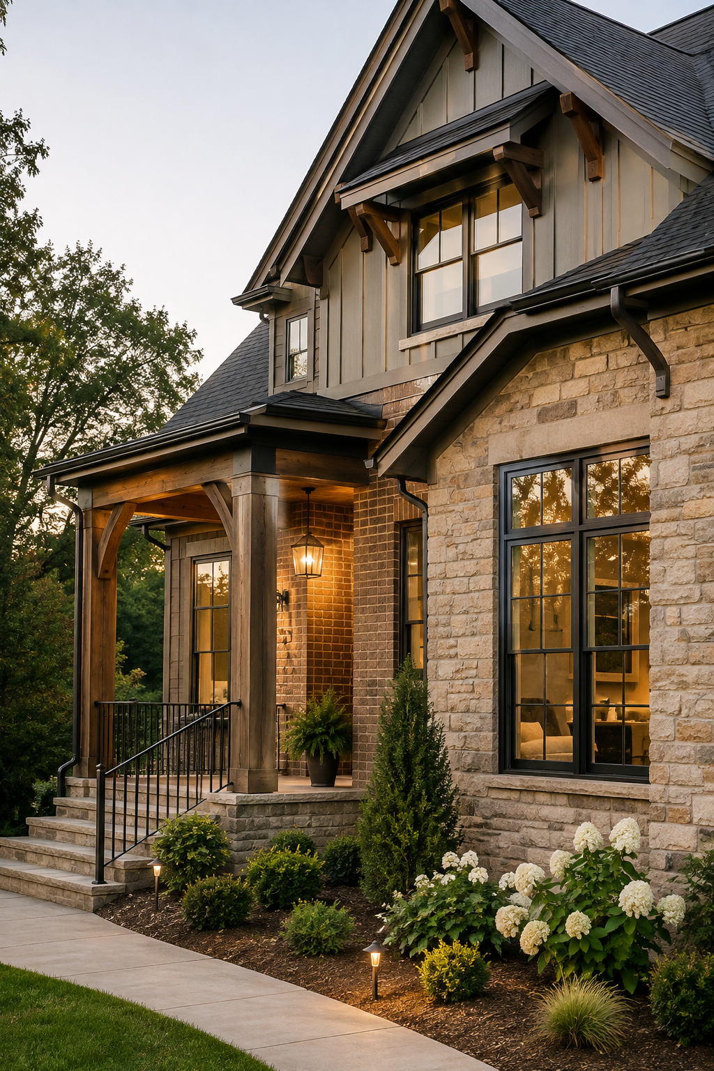 A two-story house with a brick and siding exterior, front porch with steps, black railing, and a large window. There are landscaped plants and small lights along the walkway at sunset.