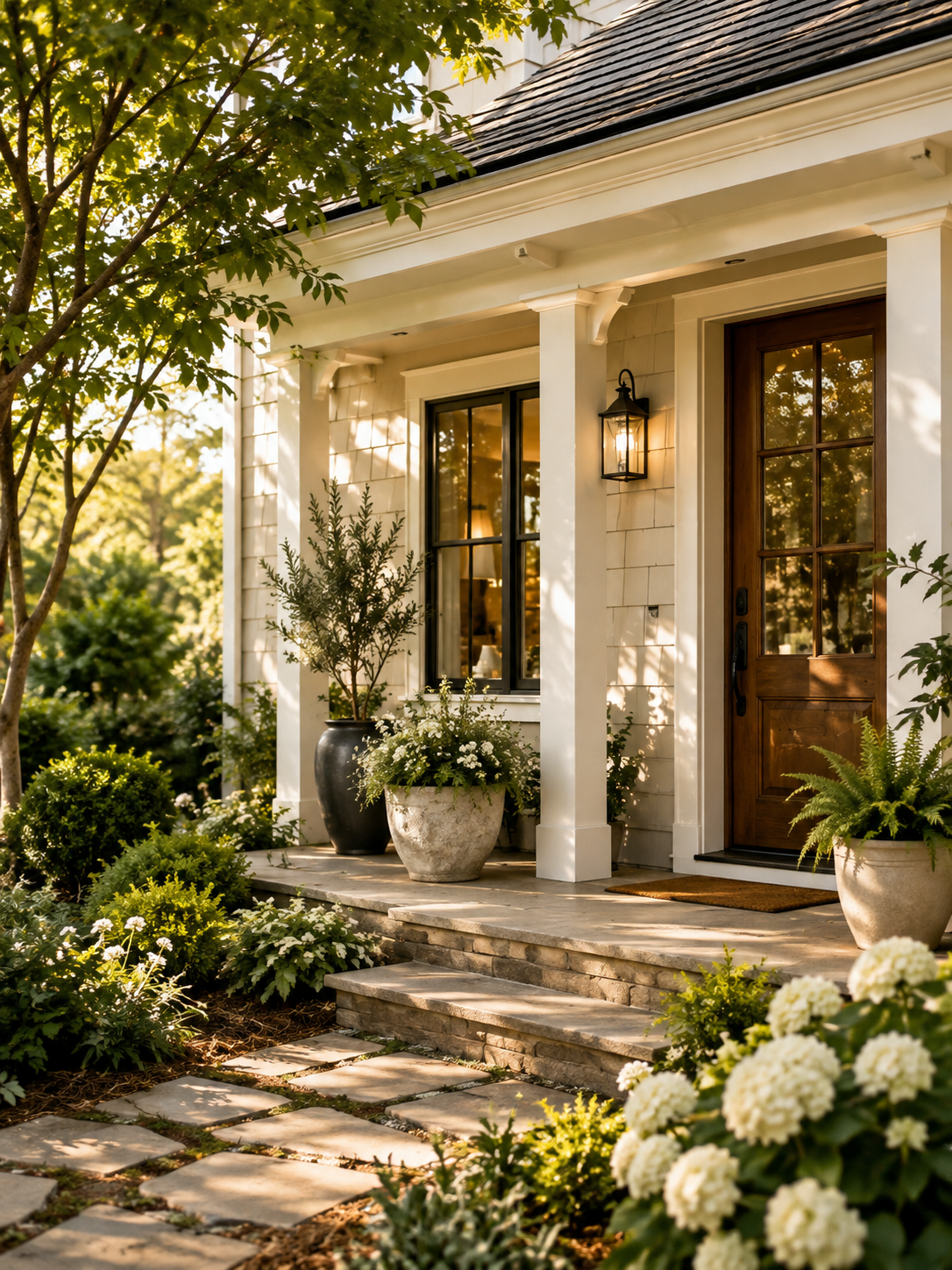 The front porch of a house with potted plants, stone steps, and a wooden door. A black outdoor wall lantern is mounted beside the door. The house has a white exterior with window and roof details visible. There are trees and greenery around the porch, and sunlight filters through the leaves.