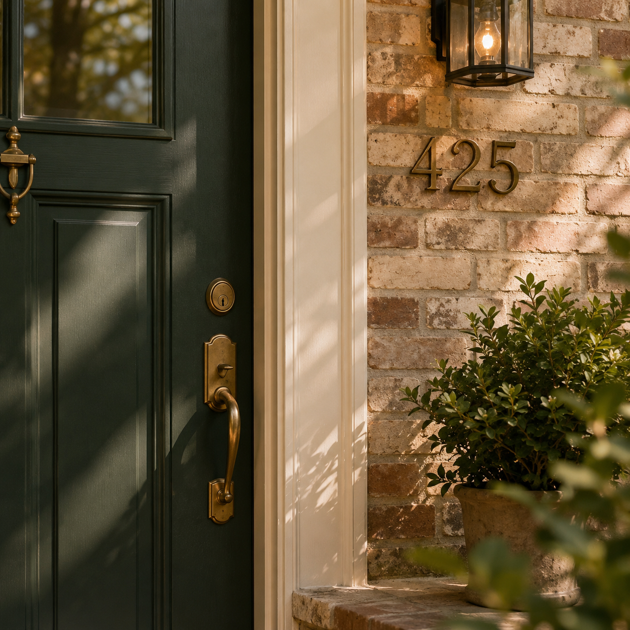 A green front door with a brass handle and lock, next to a brick wall with house number 425, an outdoor light fixture, and a potted plant.