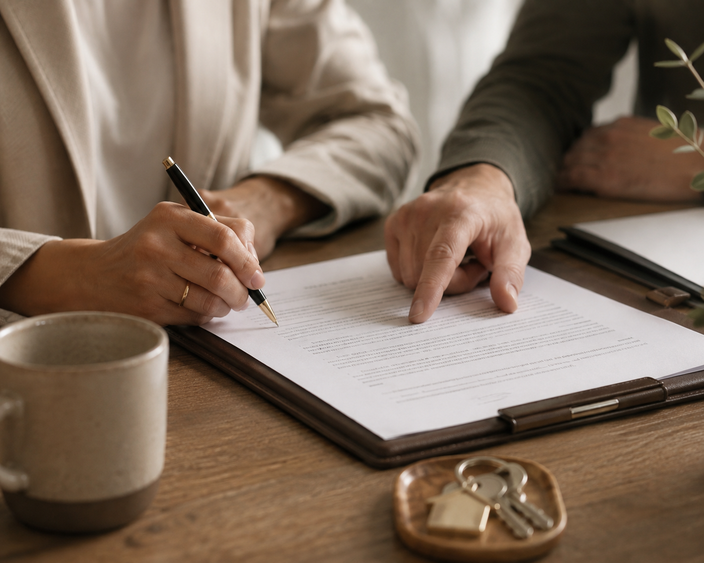 Two people reviewing a document on a wooden table, one pointing at the paper and the other holding a pen, with a mug, keys, and a notebook nearby.