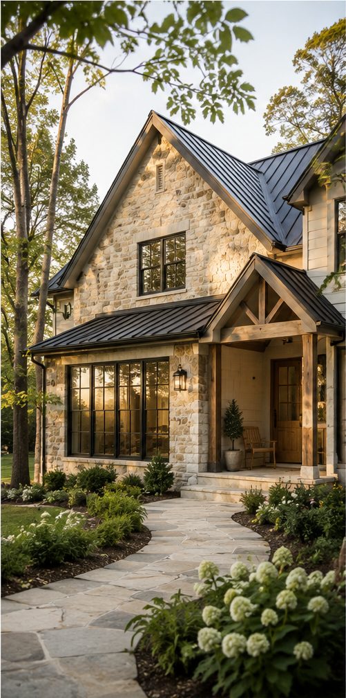 Front view of a two-story house with stone and siding exterior, black metal roof, large window, and front porch with a bench and small potted tree, surrounded by a landscaped yard with flowers and trees.