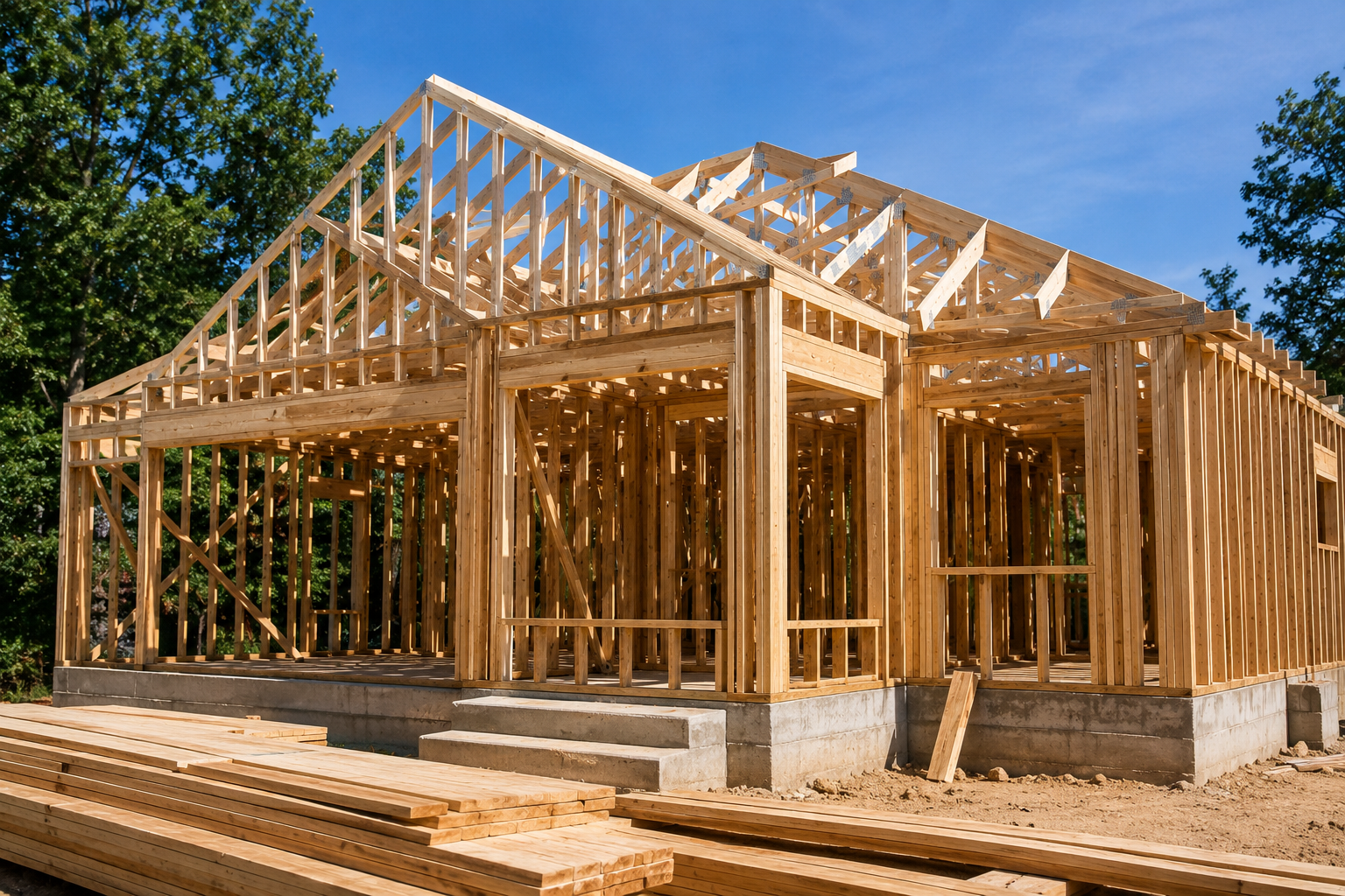 Wooden framing structure of a house under construction with some lumber on the ground and a clear blue sky.