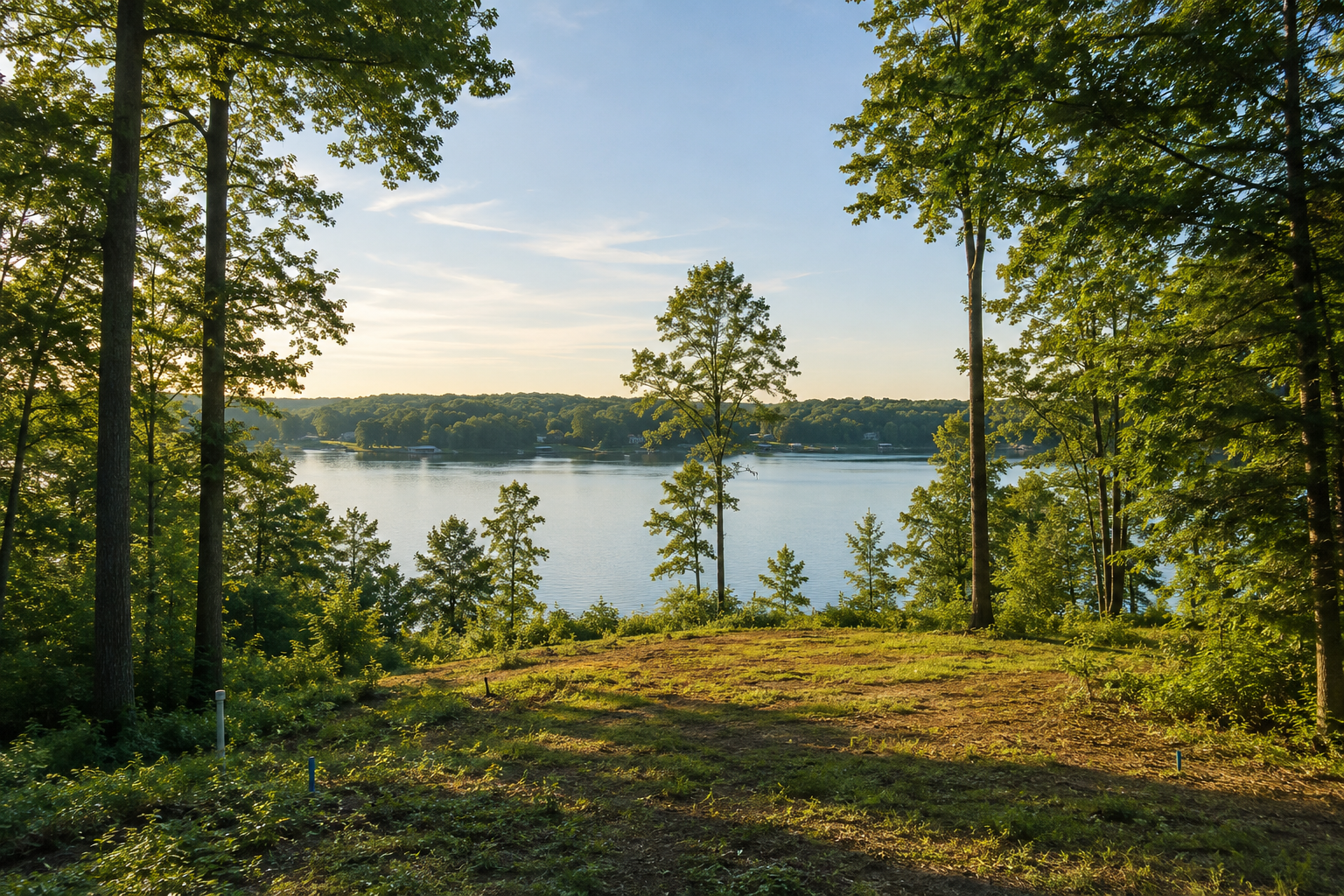 A scenic view of a lake surrounded by trees, with a clear sky overhead. The foreground features a grassy area with scattered trees, and the distant shoreline is lined with more trees and houses, reflecting on the calm water.