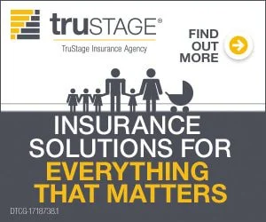 TruStage Insurance Agency banner showing a family silhouette. Text reads: "Insurance solutions for everything that matters. Find out more