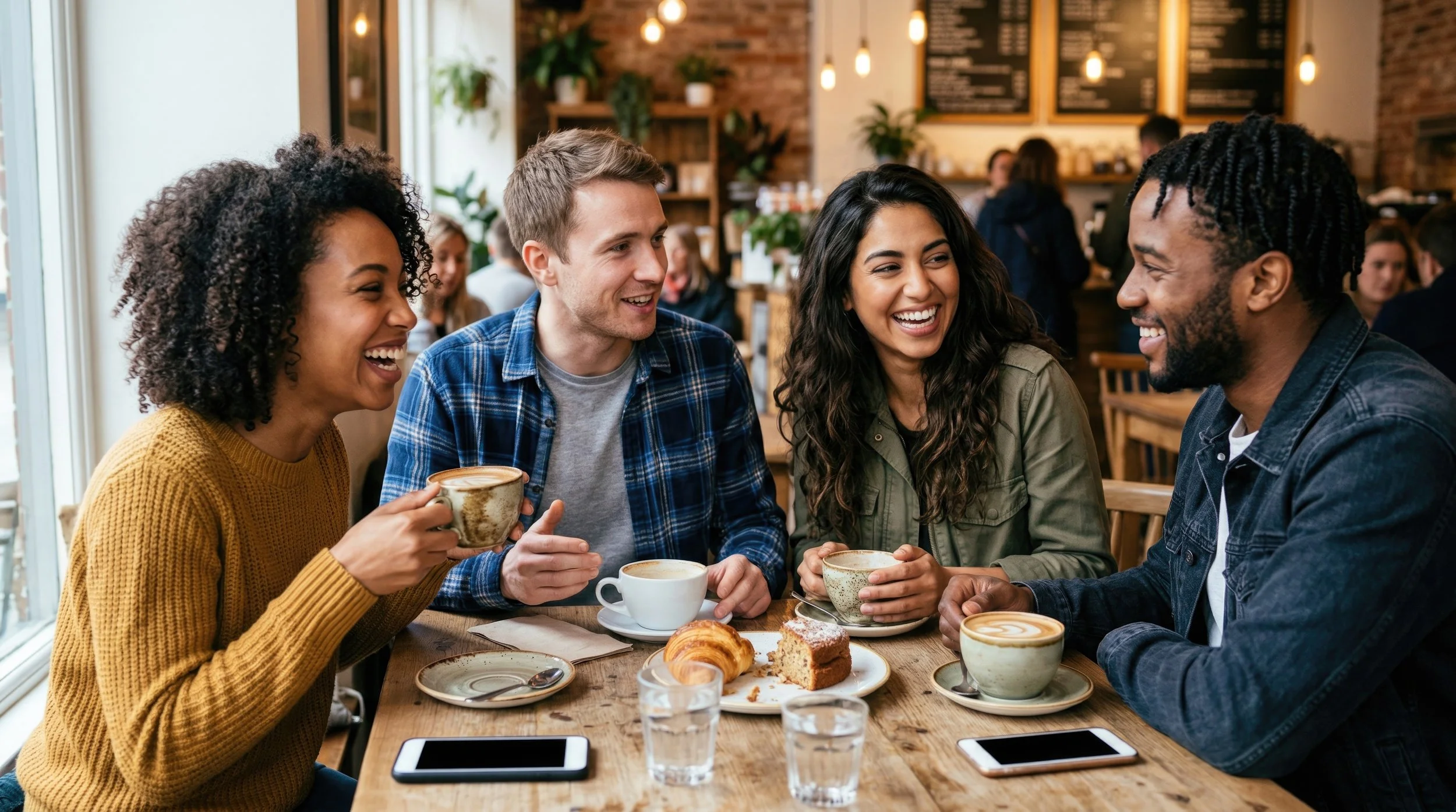 Group of people sitting around a table at a coffee shop.