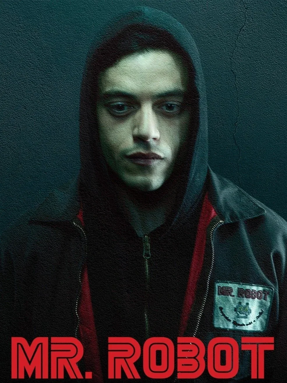 A person with pale skin and dark hair wearing a black hoodie and a black jacket with a patch that says "MR. ROBOT" standing in front of a textured dark background, with the words "MR. ROBOT" in red at the bottom.