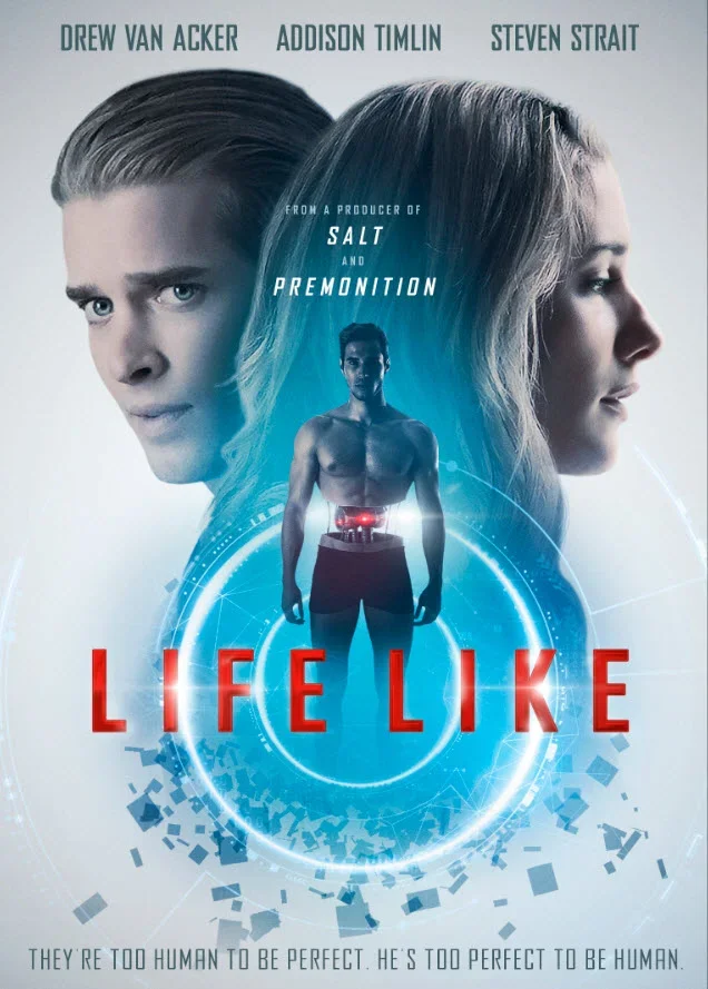 Digital poster for the movie 'Life Like' featuring a shirtless man at the center with a digital interface, flanked by a man's face on the left and a woman's face on the right, with the title 'LIFE LIKE' in bold red letters.