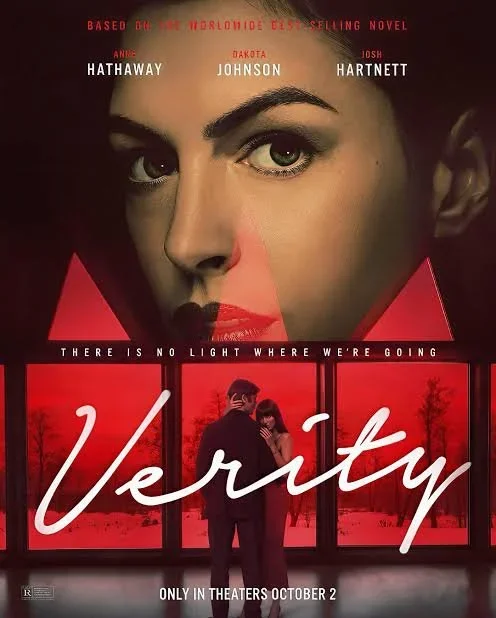 Movie poster for 'Verity' featuring a close-up of a woman's face, a man and woman embracing in front of red windows with trees outside, and the title 'Verity' written in cursive.