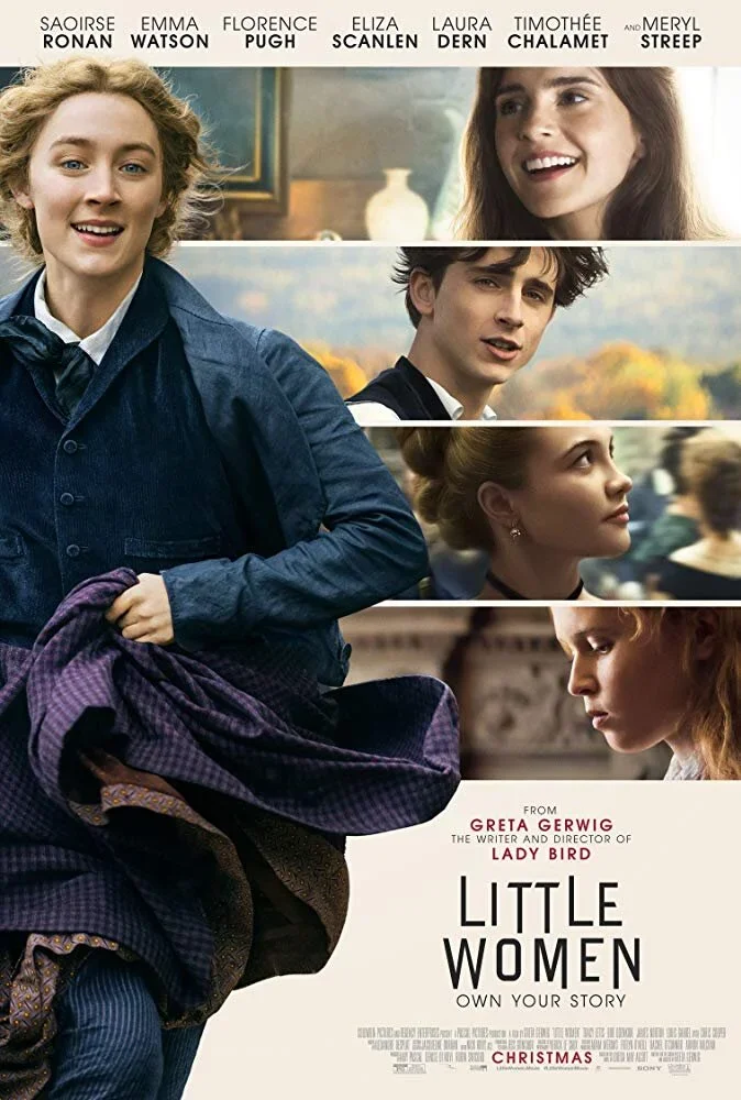 Poster for the movie 'Little Women' featuring four women from the film, with the names Saoirse Ronan, Emma Watson, Florence Pugh, Eliza Scanlen, Laura Dern, Timothée Chalamet, and Meryl Streep listed at the top.