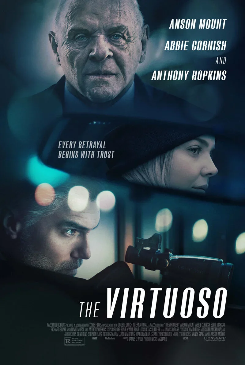 A promotional poster for the film 'The Virtuoso' featuring senior actor Anson Mount, a woman with a hat, and a man aiming a sniper rifle. The poster includes the tagline 'Every betrayal begins with trust' and the names Abbie Cornish and Anthony Hopkins.
