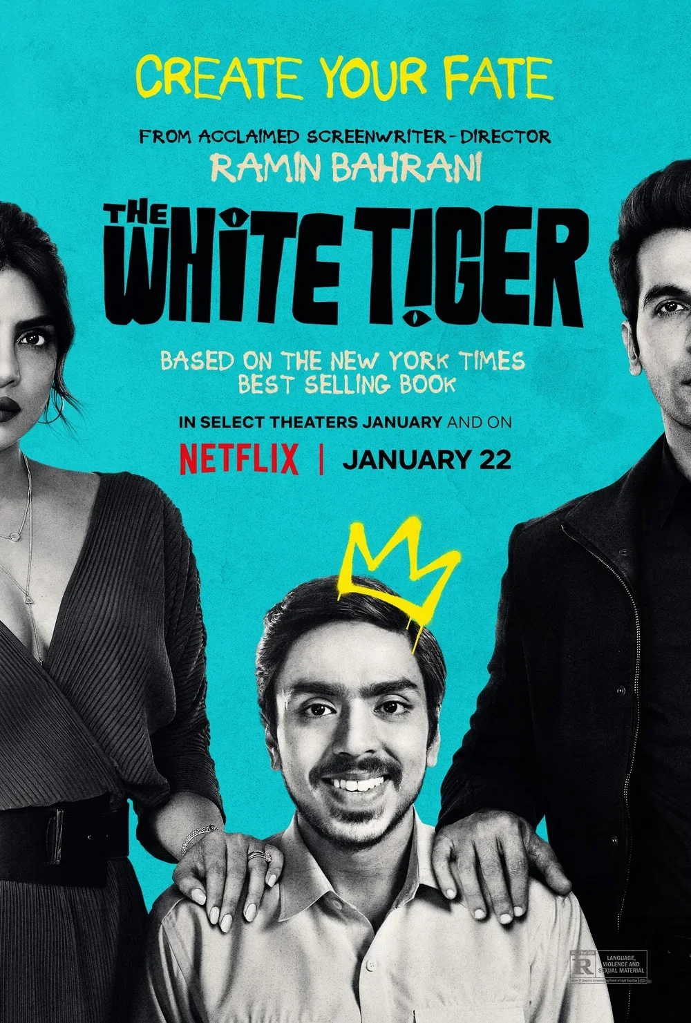Movie poster for 'The White Tiger' featuring three actors, with a blue background and a yellow crown drawing on the central male actor's head. Text includes title, release date, and platform.
