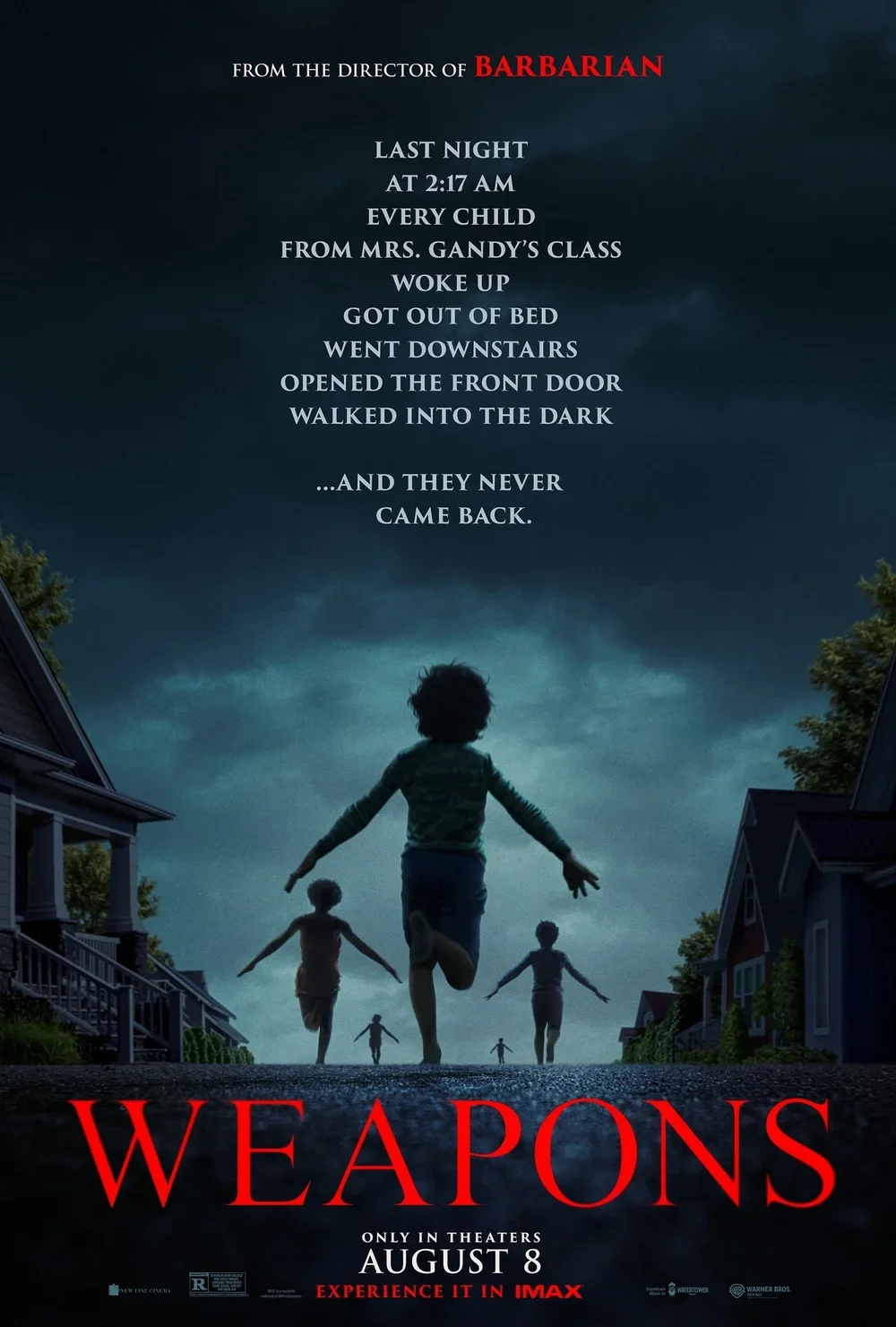 Movie poster for 'A Quiet Place Part II' featuring silhouetted children walking on a quiet street under a dark, cloudy sky, with the title 'Weapons' in red at the bottom and a quote about children not returning.