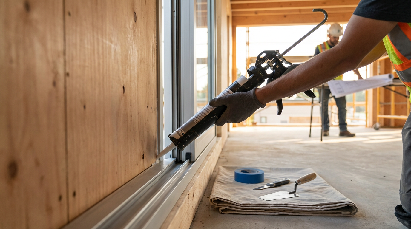 A construction worker in a safety vest and gloves applying sealant to a sliding door track using a caulking gun inside a building under construction.