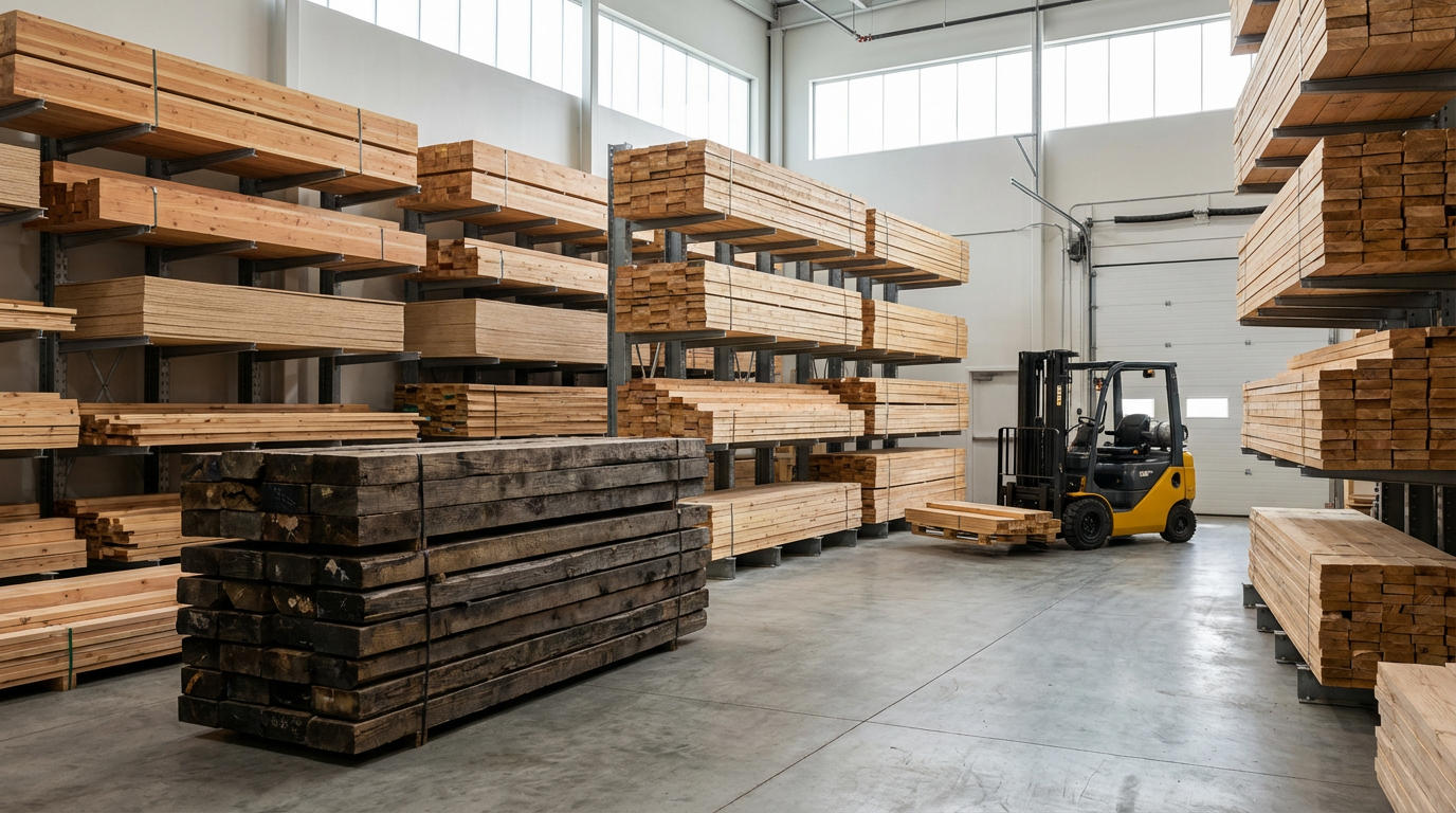 Inside a woodworking warehouse with shelves filled with stacks of wooden planks and beams, a forklift moving wood pallets, and natural light coming through large windows.