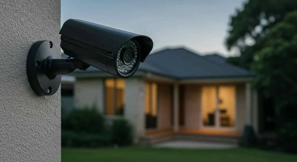 Security camera mounted on exterior of house with lit windows and a tree in the background at dusk.