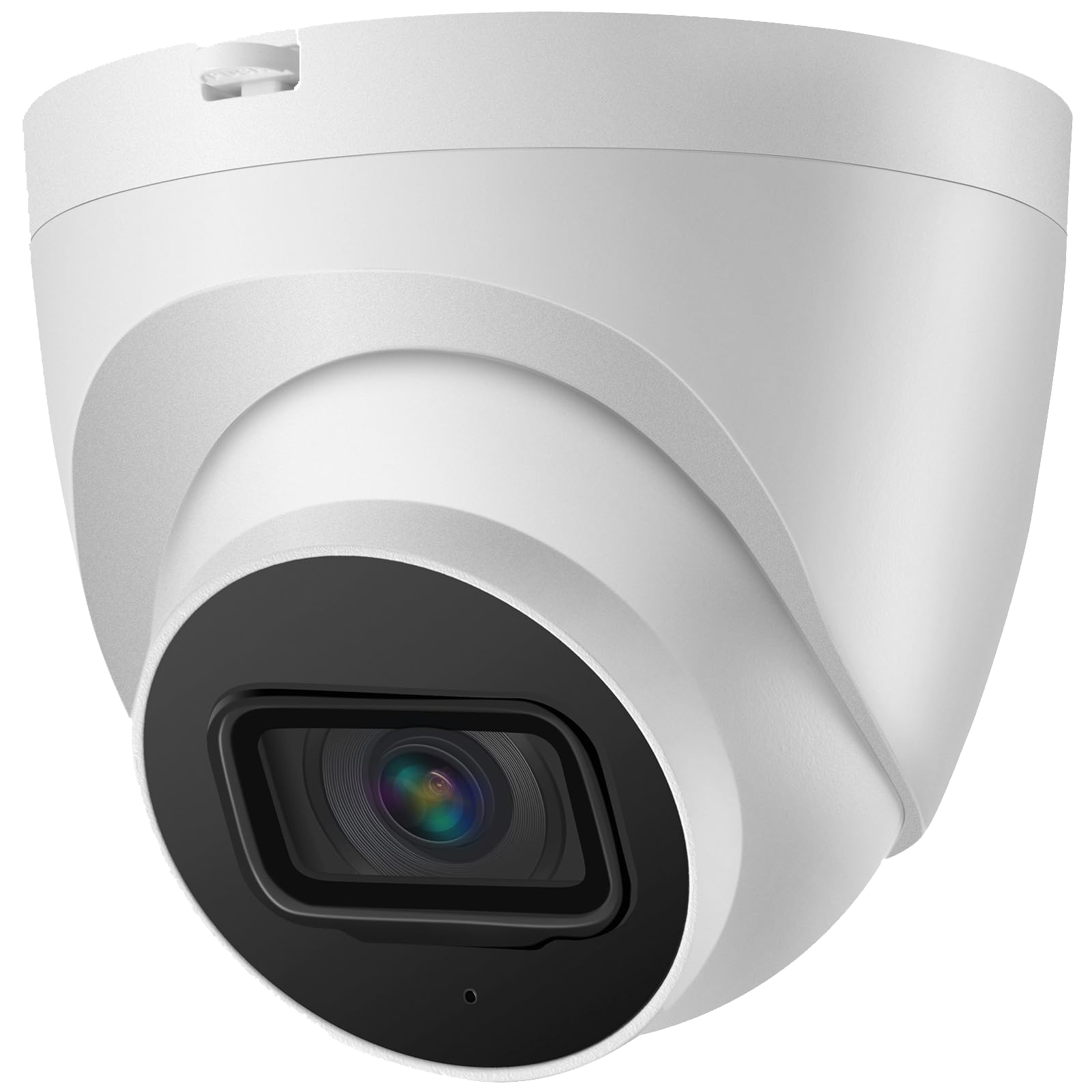 Close-up of a white security camera with a black lens.