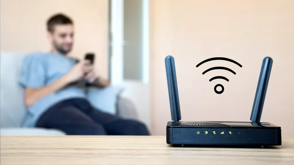 A man sitting on a sofa using a smartphone, with a Wi-Fi router displaying a wireless signal in the foreground.