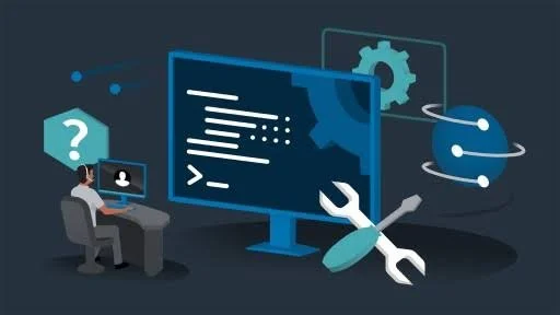 Illustration of software development with a person working on a computer, code on a large screen, gear and planetary icons, and a wrench and screwdriver symbolizing programming and technical work.