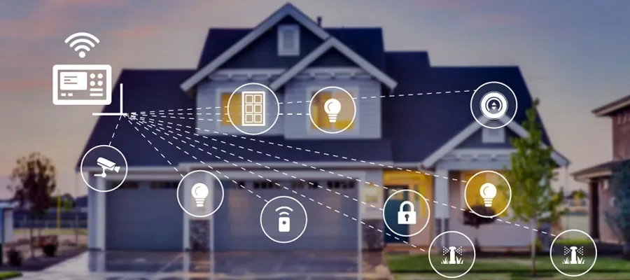 Smart home security system graphics over a house, including icons for Wi-Fi, cameras, locks, lights, and sensors