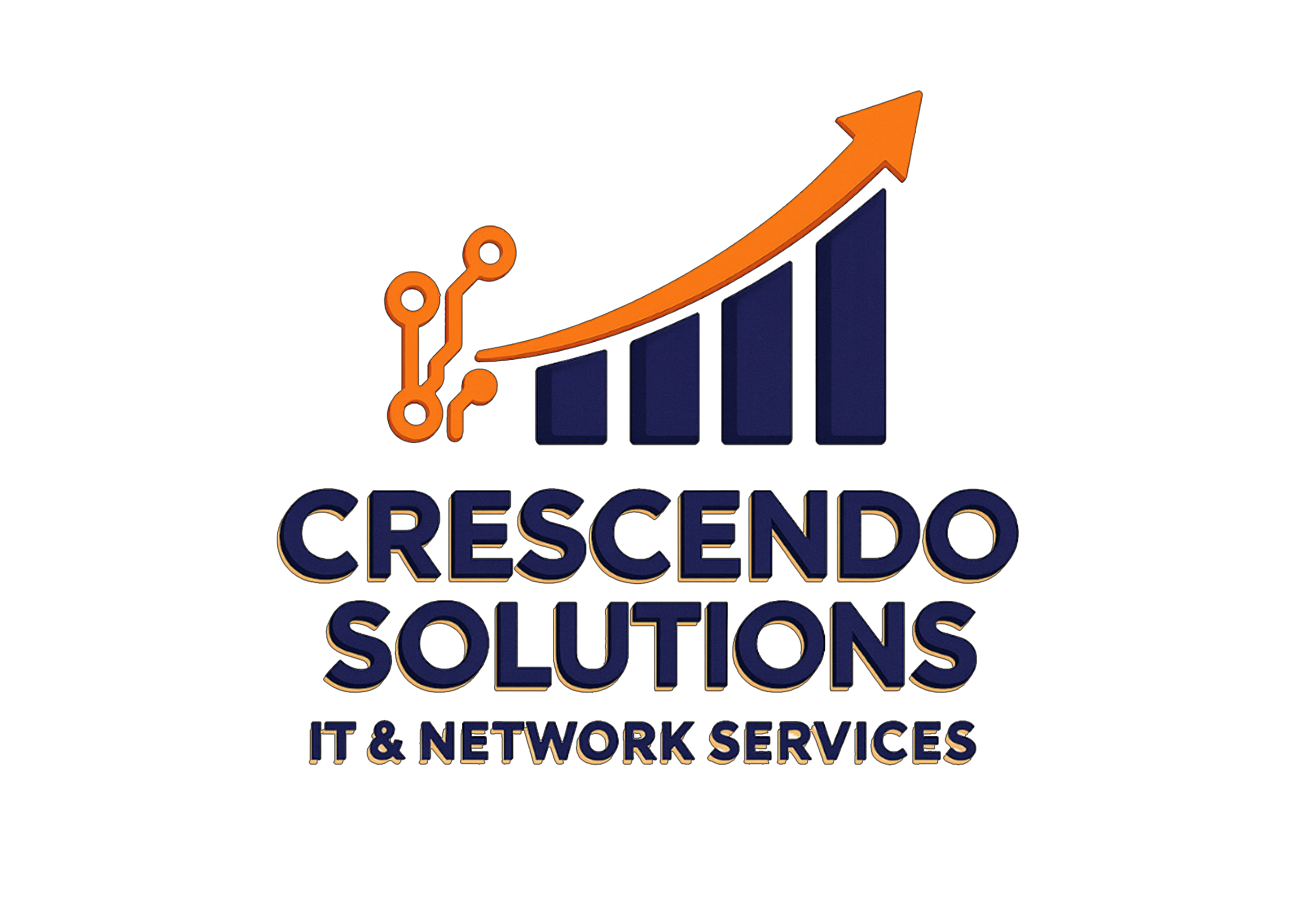 Logo with upward trending orange arrow, bar chart, and the words 'Crescendo Solutions' and 'IT & Network Services' in blue and orange text.