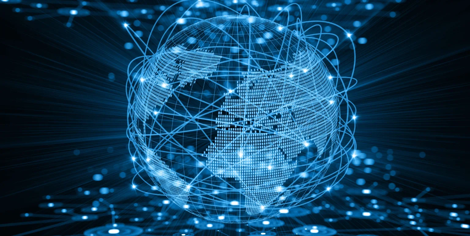 Digital illustration of a globe with connecting lines and digital dots, representing global technology and network connectivity.