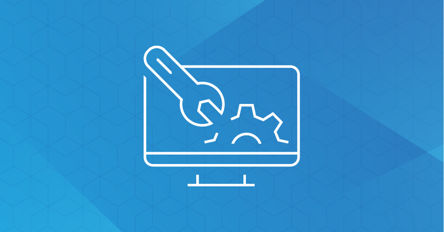 Line drawing of a computer monitor with a wrench and gear icon representing technical support or maintenance against a blue geometric background.