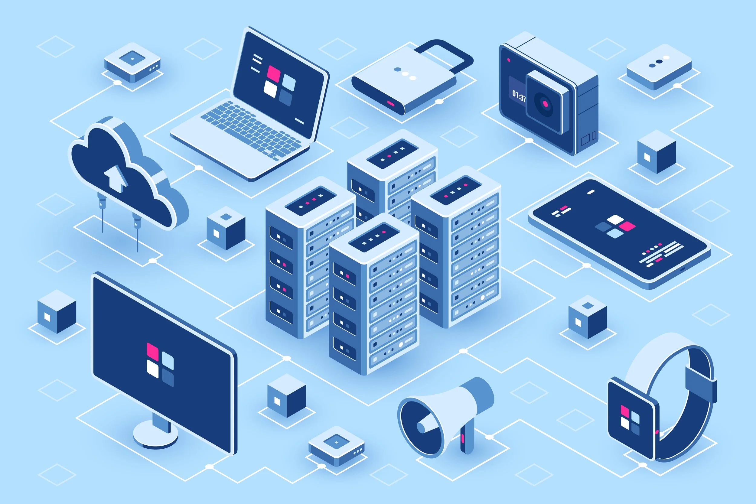 Illustration of various digital devices and cloud computing elements including servers, a laptop, a smartphone, a tablet, a computer monitor, a voice assistant, and cloud upload icon on a light blue background with a network grid.