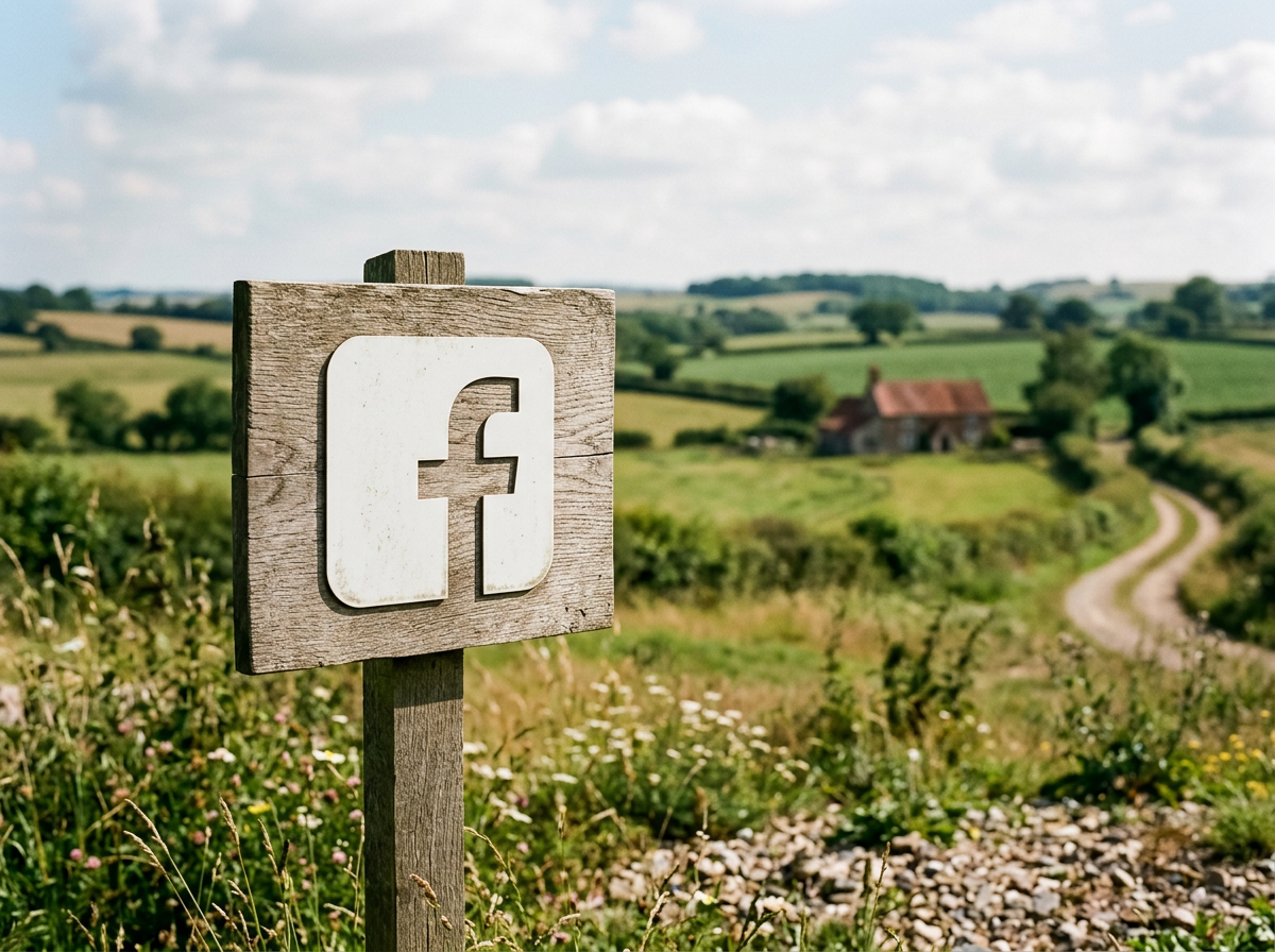 A weathered wooden signpost with a Facebook logo in a rural landscape, with rolling hills, a winding dirt path, a house with a red roof, and a partly cloudy sky.