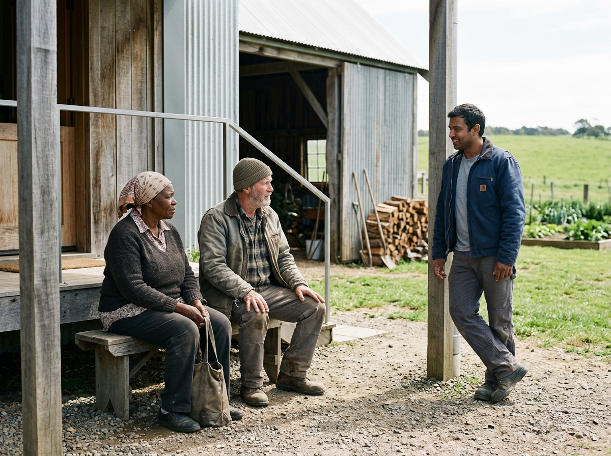 A young man talking to two older people sitting on a bench outside a farm shed.