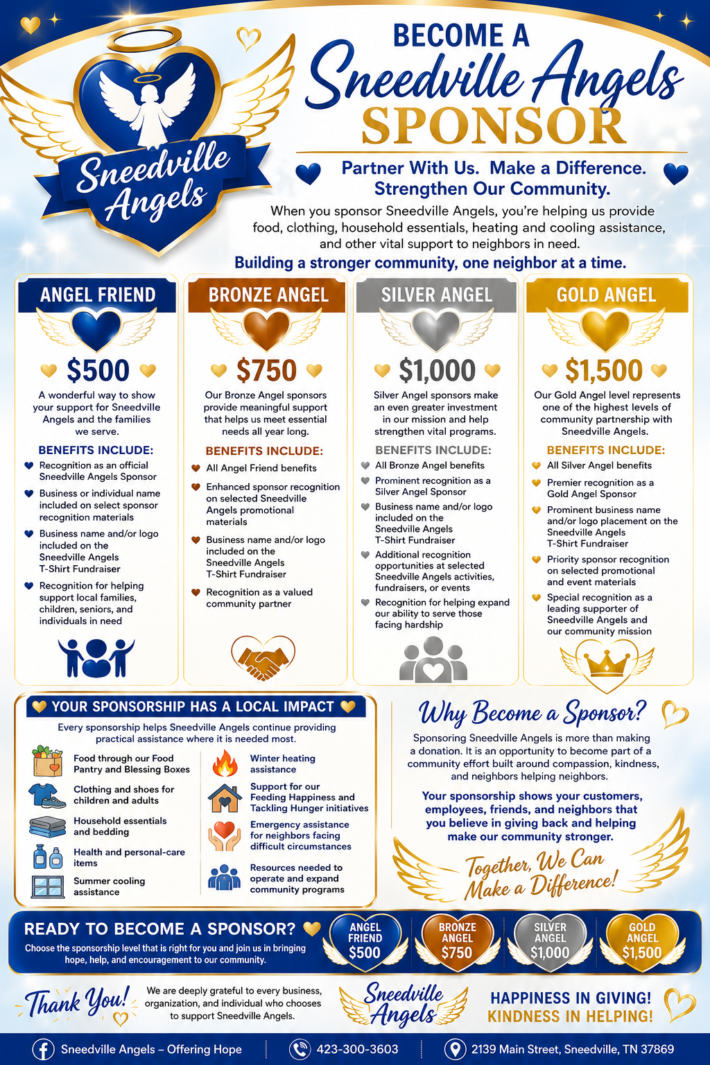 A poster urging sponsorship for Sneedville Angels, featuring a angel with wings and a halo, and a tiered sponsorship levels chart from Angel Friend to Gold Angel with benefits outlined for each level, including recognition, business promotion, and community impact.