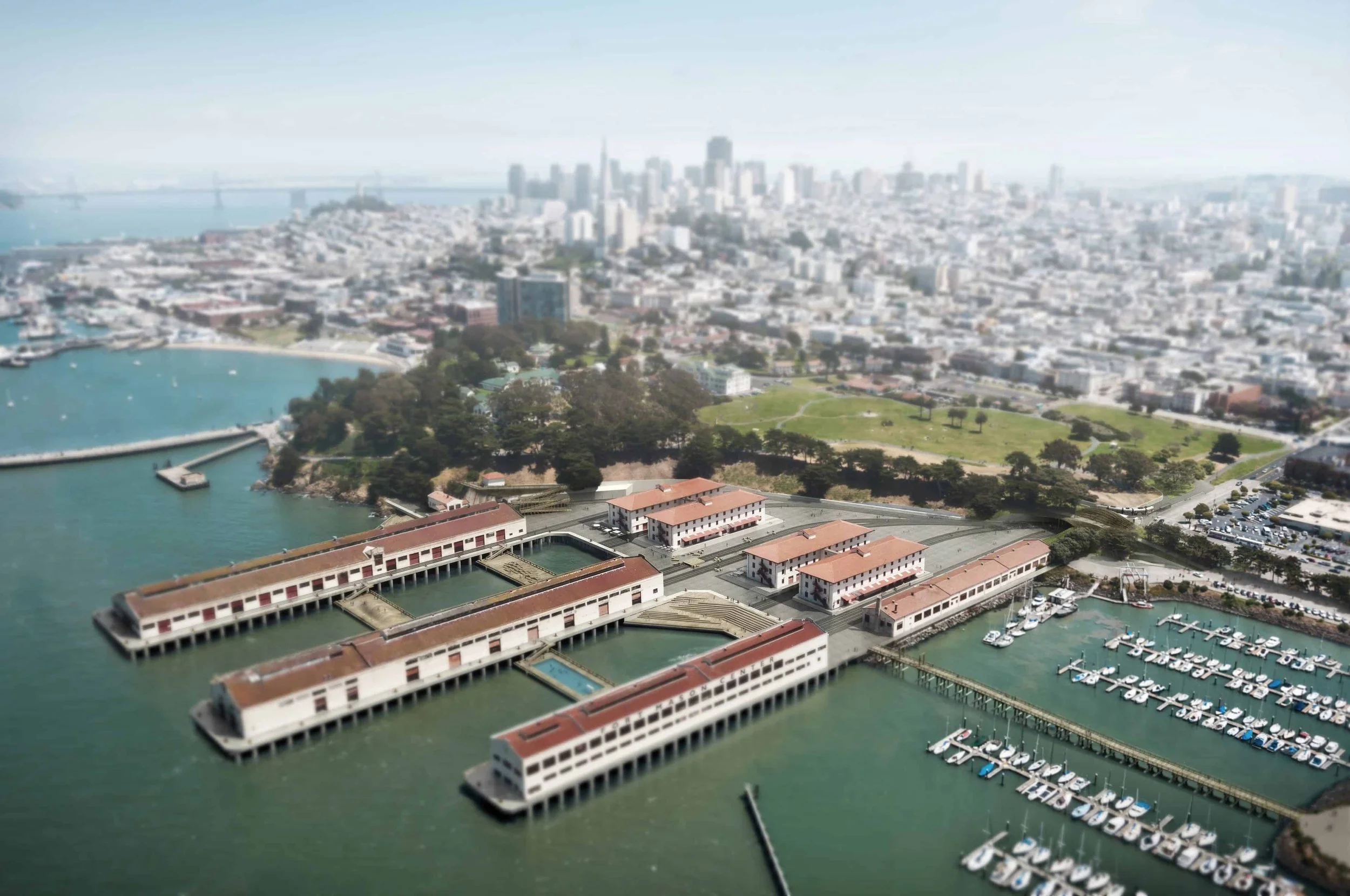 Aerial view of Fort Mason and the marina harbor
