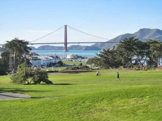 View of the Golden Gate Bridge from the meadow above Fort Mason