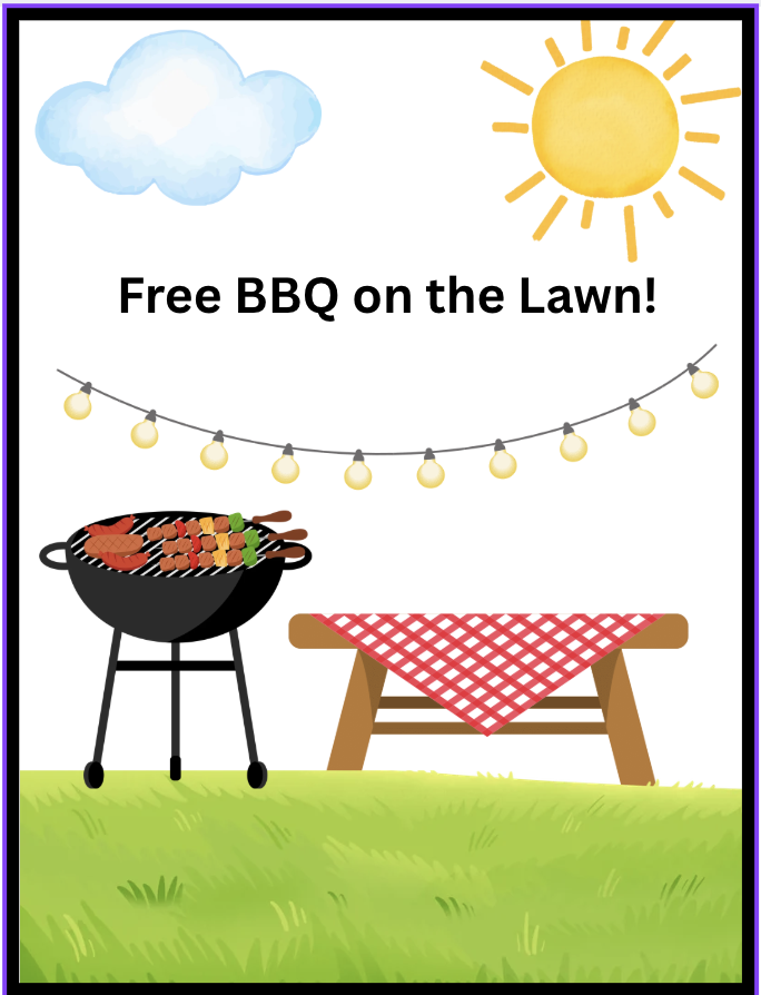 A promotional flyer advertising free BBQ on the lawn, featuring a grill with skewers, a picnic table with a red checkered tablecloth, string lights, a sun, and a cloud.