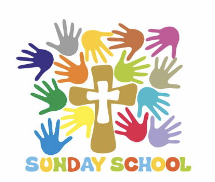 Colorful children's drawing featuring a cross surrounded by multiple handprints in various colors, and the words 'Sunday School'.