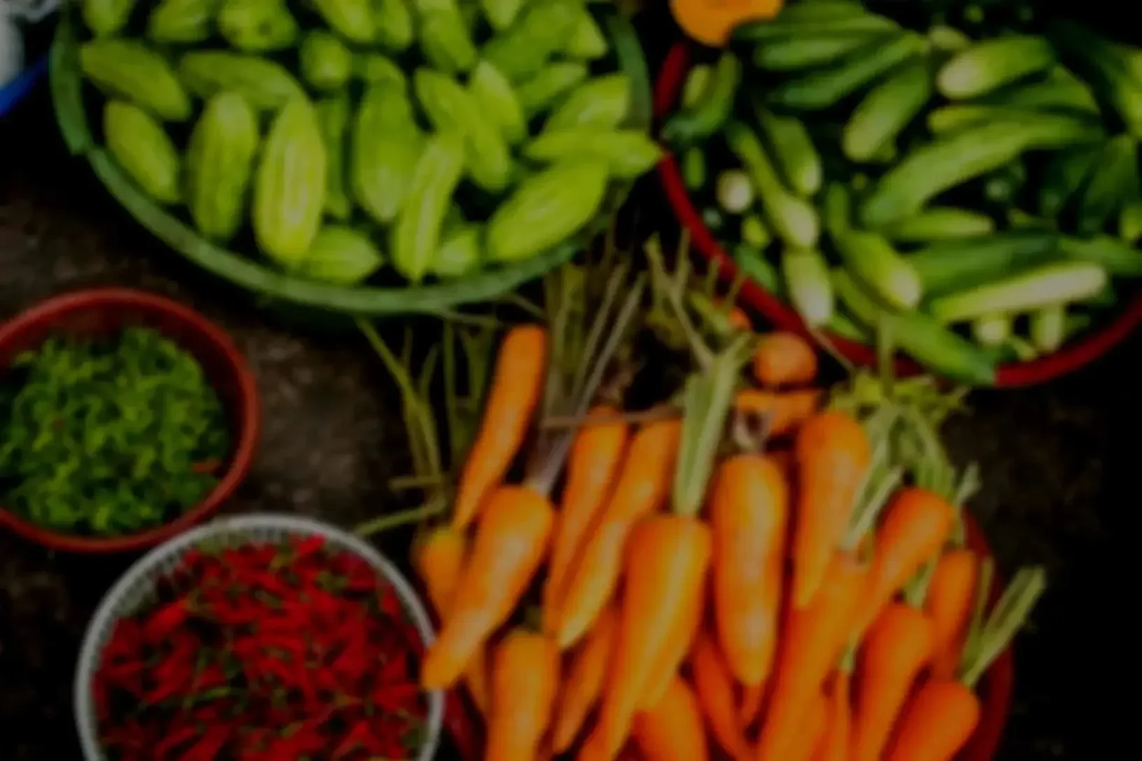 Various fresh vegetables including carrots, herbs, and possibly green beans in bowls and on a dark table as part of the Everybody Eats educational series