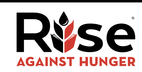 Logo for Rise Against Hunger with a red and black design and a stylized wheat stalk integrated into the text.