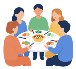 Cartoon picture of five people sitting around a table enjoying a meal together.